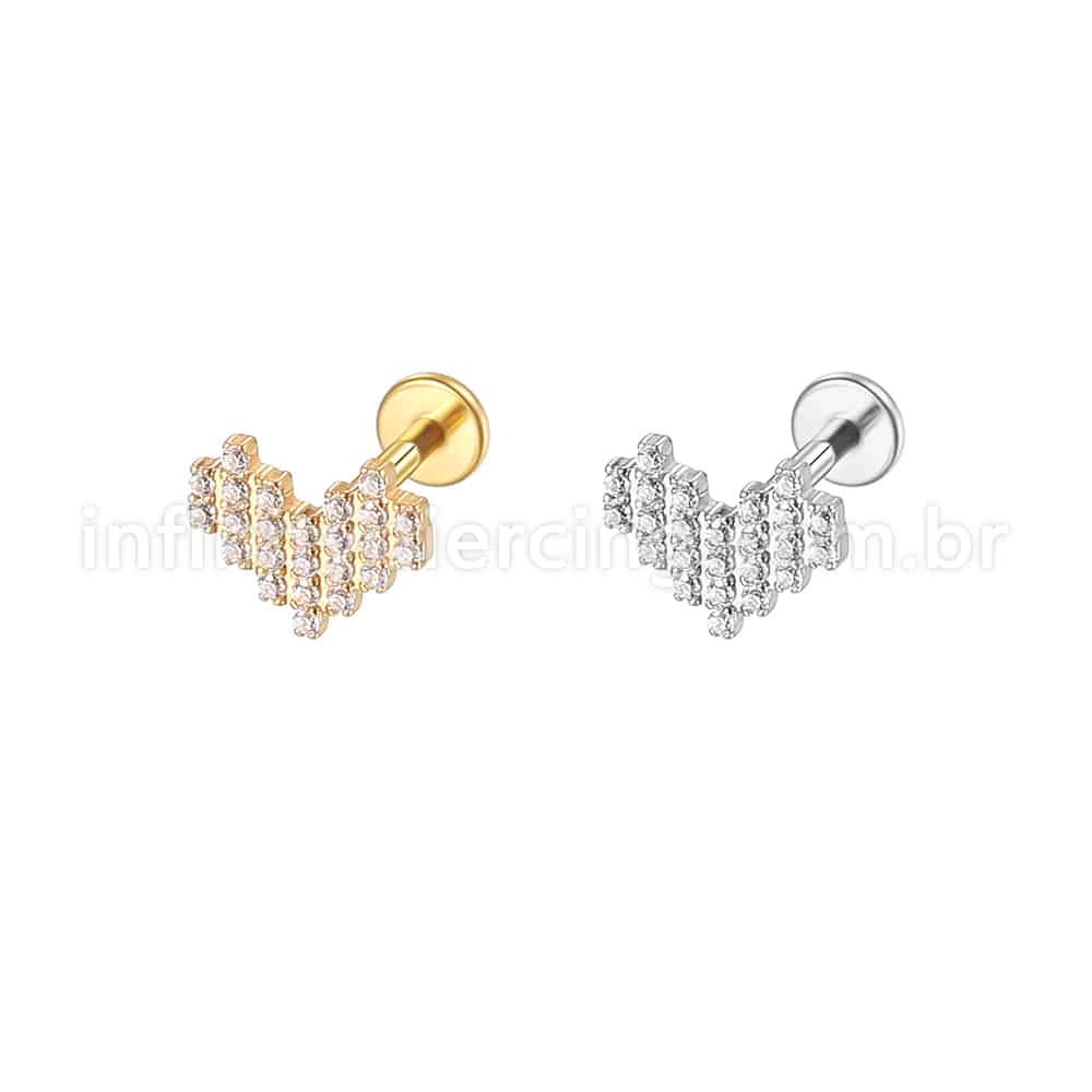 Piercing Labret Aço Cirúrgico Coração Lego Zircônia Cravejada
